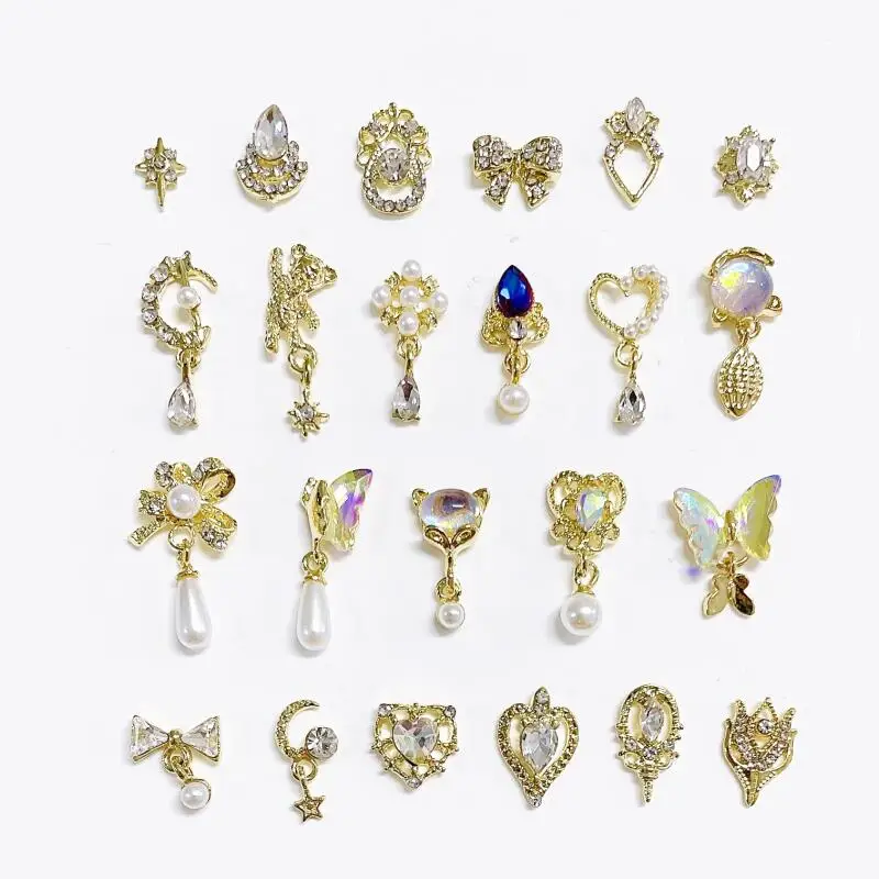 20Pcs Random Mixed Butterfly Rhinestone Nail Art Charms 3D Silver Crystal Bowknot Star Nail Art Decorations DIY