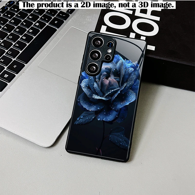 Deep Blue Rose Water Drop Phone Case,2D Print Black Glass Cover For Samsung S & A Series,Shockproof Protective Shell