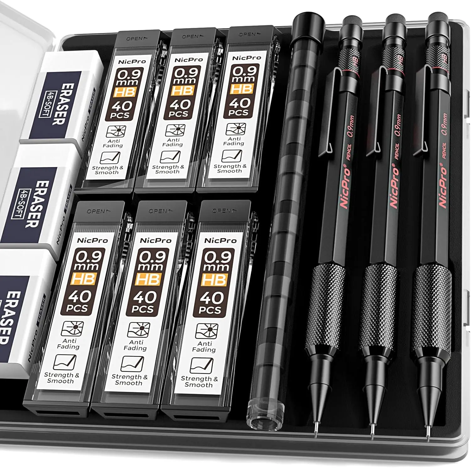 

3-Piece 0.9mm Metal Mechanical Pencil Set with Case, Lead Refills & Erasers for Writing Drawing Drafting