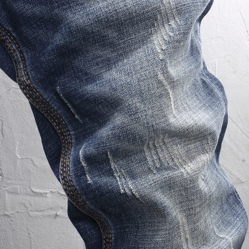 Fashion Designer Men Jeans High Quality Retro Washed Blue Stretch Slim Fit Ripped Jeans Men Italian Style Vintage Denim Pants