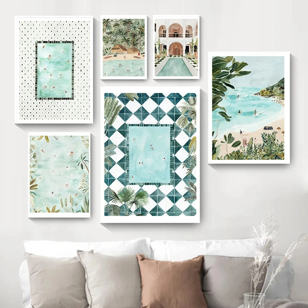 

Moroccan Tropical Swimmers Wall Art, Canvas Painting, Poster and Print, Nordic Wall Pictures for Living Room Decor, Sunny Beach