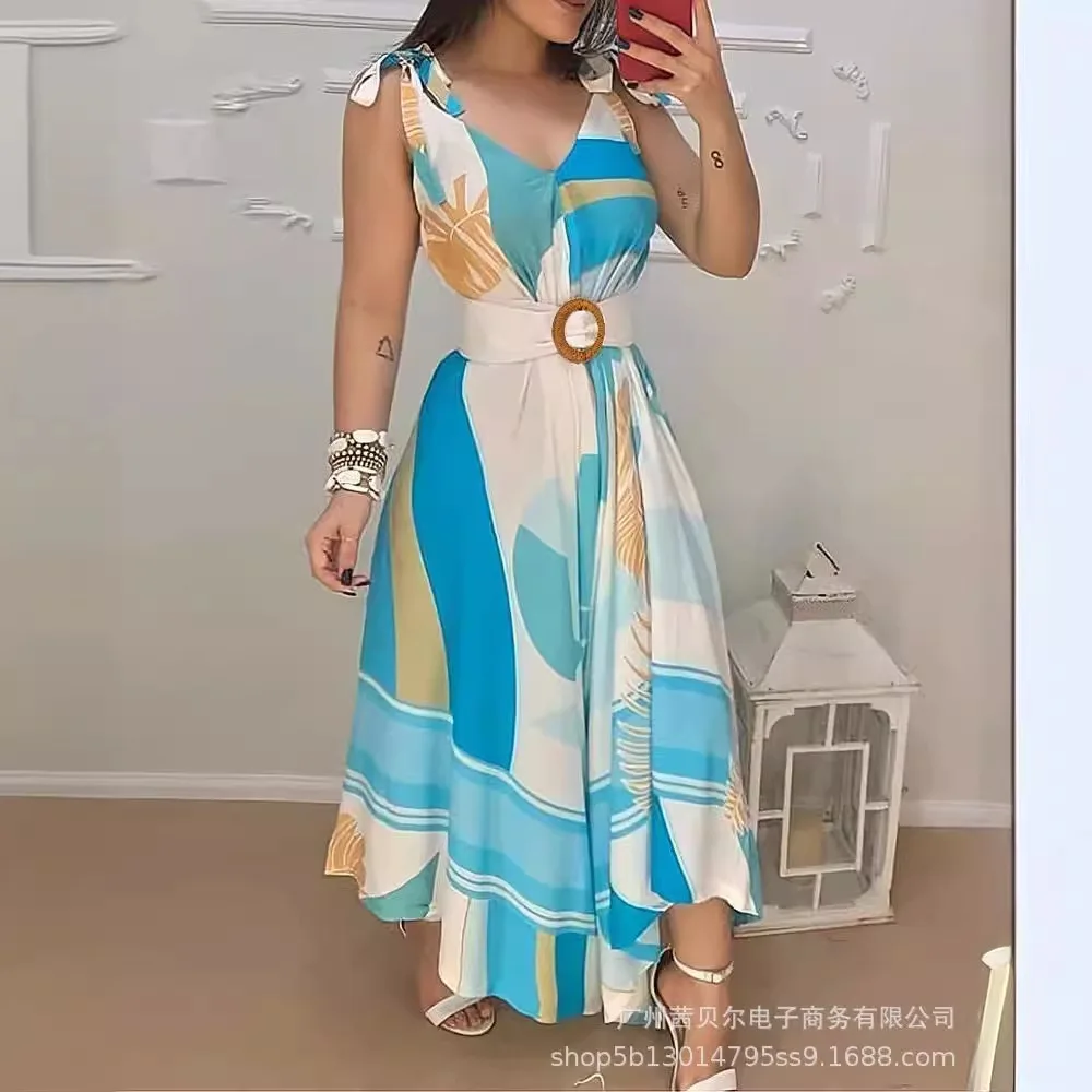 Blue Lace-up Dress - Non-positioning Printing - Belt Long Ankle Fashion Sleeveless Spring And Summer Temperament Women's New