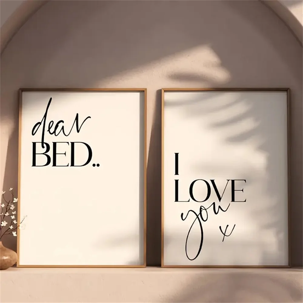 2pcs Modern Wall Frameless Arts Canvas Painting 'Dear Bed, I Love You' Words Quotes Posters and Prints for Living Room Decor