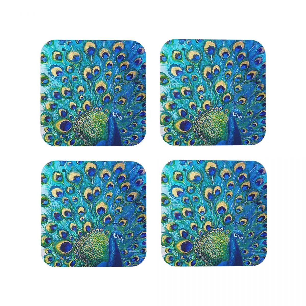 Beautiful Painted Peacock In Its Full Glory Coasters Kitchen Placemats Non-slip Cup Coffee Mats For Home Tableware Pads Set of 4