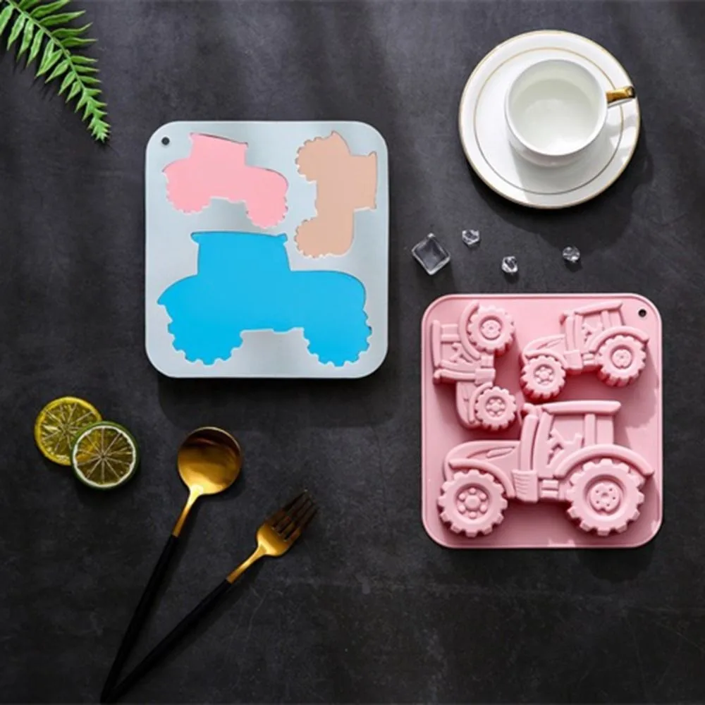 3-Cavity Tractor-Shaped Silicone Cookies Mold Heat/Cold Resistant Farm Theme Fondant Cake Mold Easy De-molding Resilient