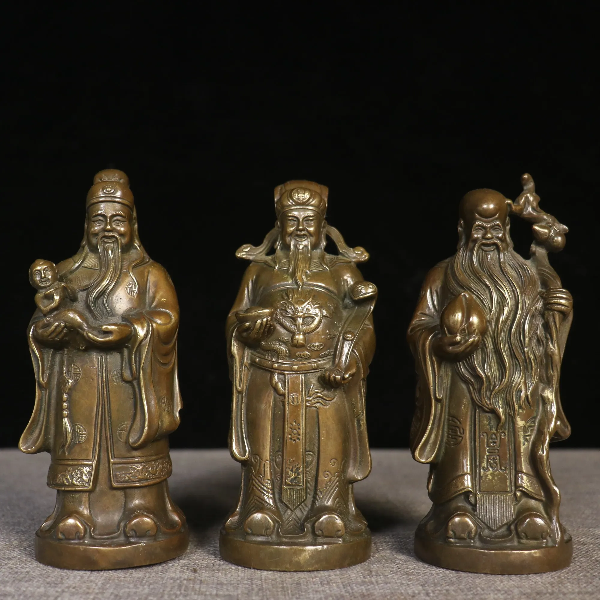 

6"Old Xizang Folk Collection Old Bronze Fu Lu shou Three immortal Longevity Immortal Wealth Immortal Amass wealth Worship Hall