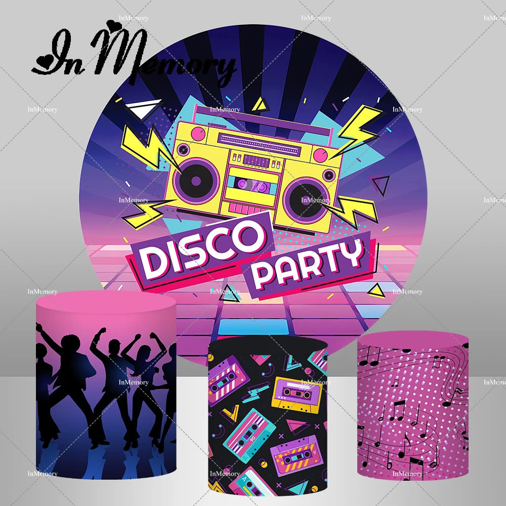 

Retro Disco Party Round Backdrop Cover Tape Player 80 90s Adult Birthday Party Circle Backgrounds Plinth Covers