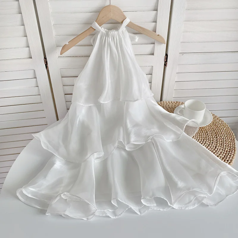 Mini vestido de renda com cabeçada, organza perolada, babado sem mangas, bolo em camadas, boneca linha A, vestido de fada, festa, verão