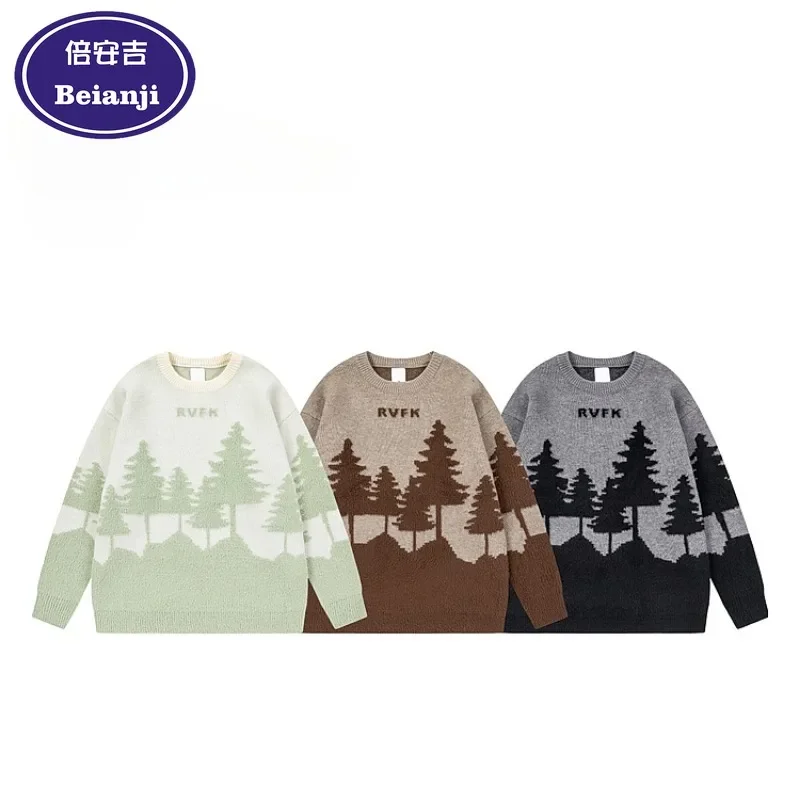 Beianji men's knitwear trend brand vintage forest jacquard round neck winter American casual loose sweater