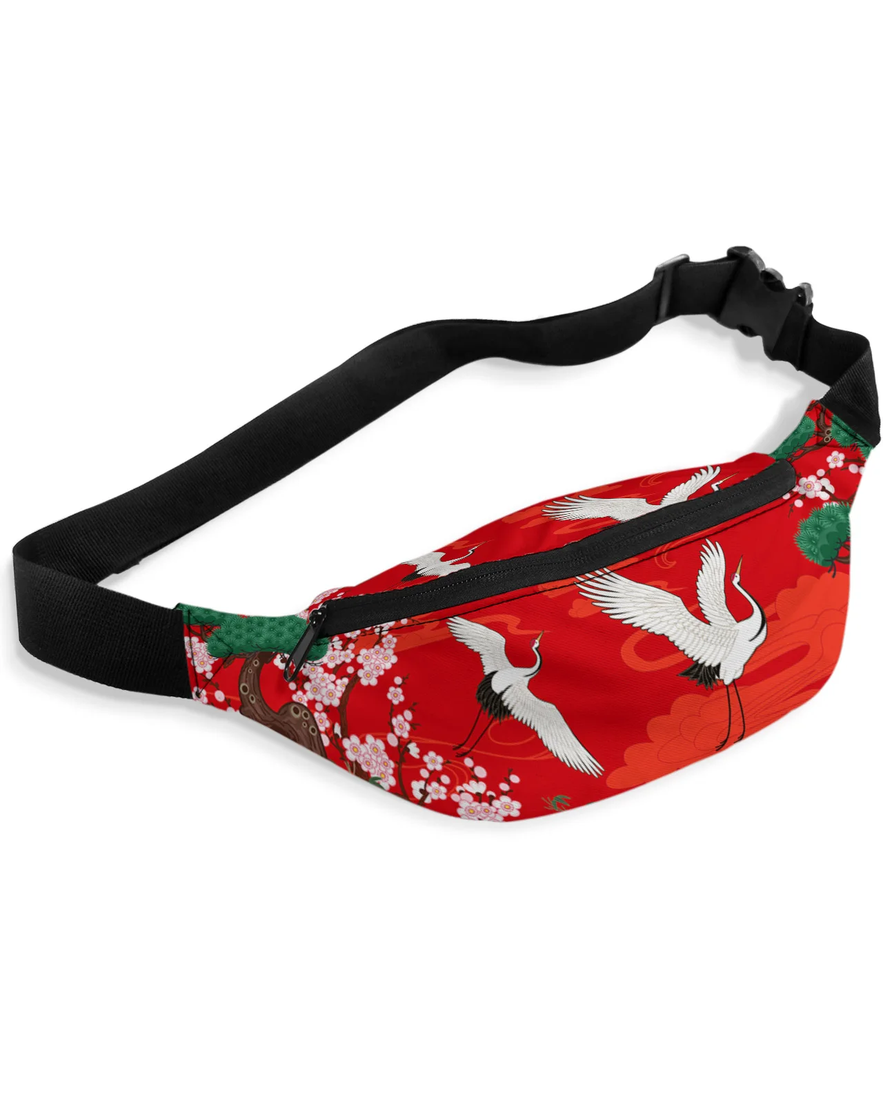 Japanese Style Crane Cherry Blossom Vintage Men Women Waist Bag Fanny Pack Belt Bag Wallet Pouch Waterproof Banana Hip Bags