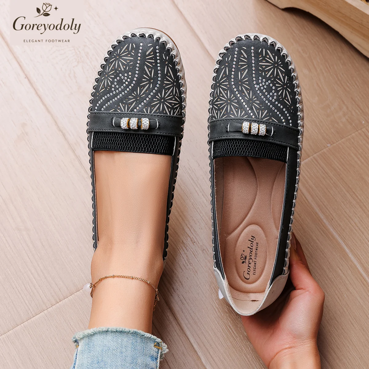 

Goreyodoly women slip on loafers hollow pattern patchwork design elastic band breathable lightweight casual walking shoes soft