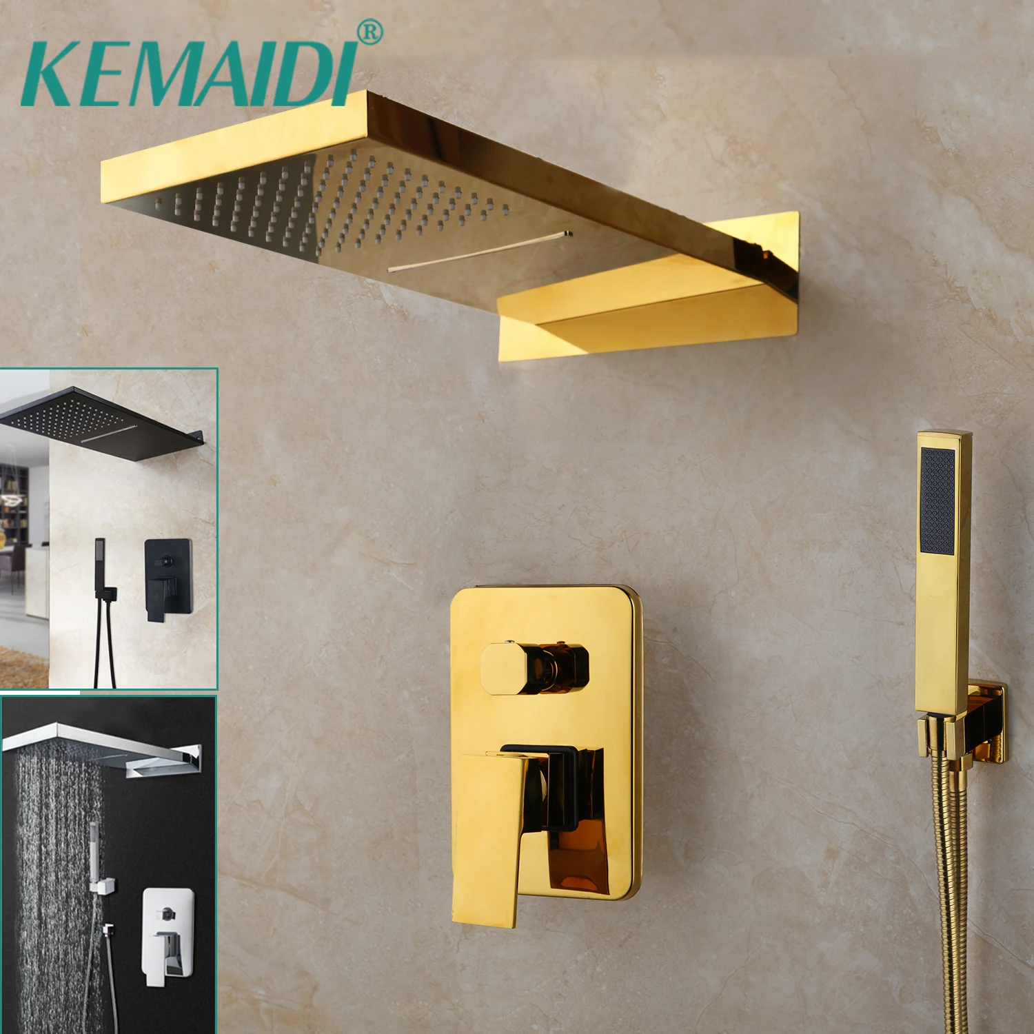 KEMAIDI Golden Black Bathroom Shower Systerm with Hand Spray 3 Functions Shower Faucet Set  Big Rainfall Waterfall Shower Head