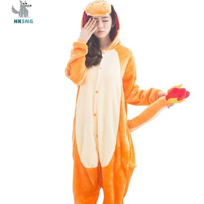 HKSNG Animal Adult Charmander Dragon Onesies Kigurumi Pajamas Flannel Cartoon Cosplay Dress Up Costume Jumpsuits Pyjamas