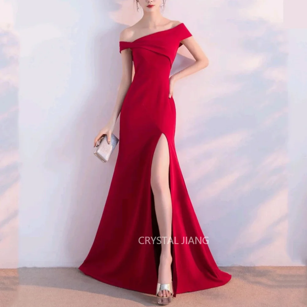 

Sexy Long Off the Shoulder Satin Evening Dresses Short Sleeves with Slit A Line Sweep Train 이브닝 파티 드레스 for Women