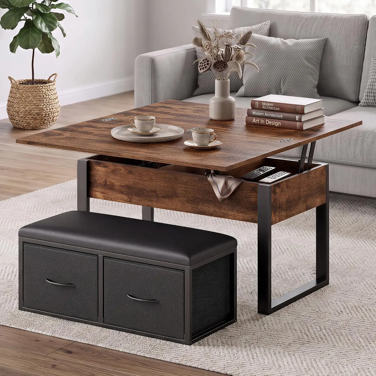 Double Lift Top Coffee Table Set with Bench, Rustic Brown, 31.5 in | 4-in-1 Multi-Function Coffee Table W/2 Storage Fabric Drawers, Dual Lifting Center Table W/Hidden Compartments, Steel Legs