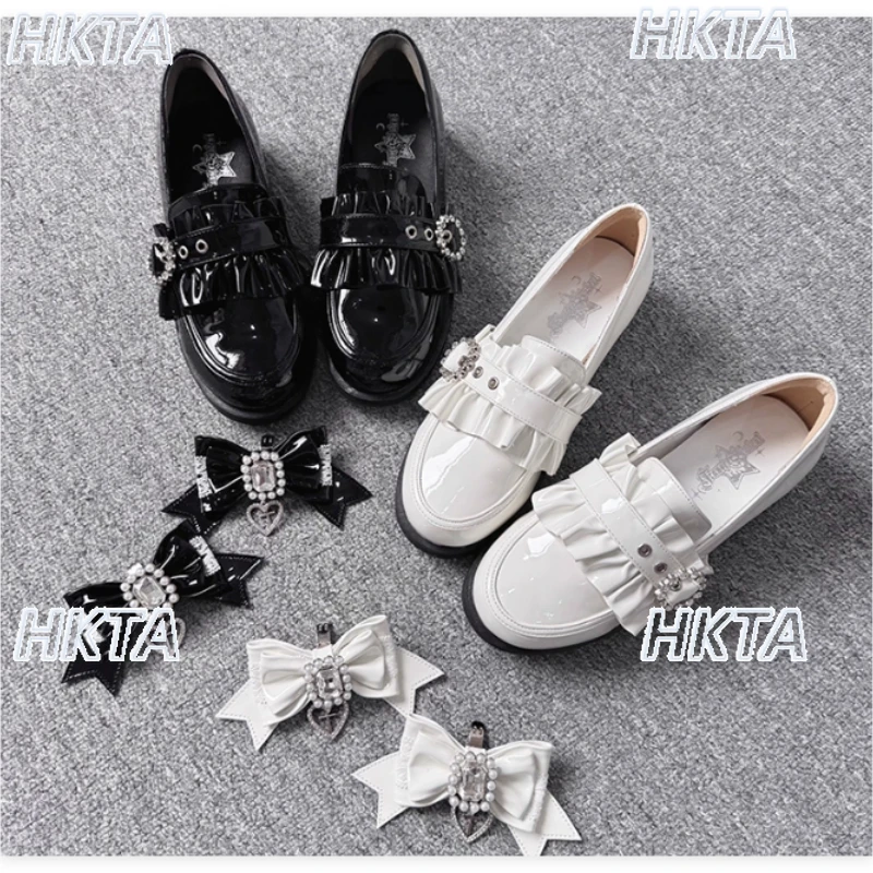 

Japanese Style Autumn Versatile Lolita Patent Leather Black Leather Shoes Women Lace Bow Pearl Flat Heel Pu Low Heel Pumps Girl