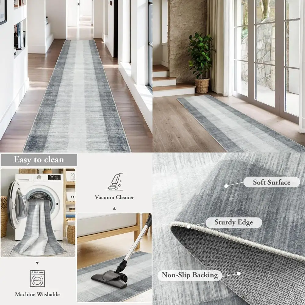 

Gray Ombre Hallway Carpet Runner, 12 Feet Long, Washable Thin Non-Slip Kitchen Mat, Stain-Resistant Home Decor