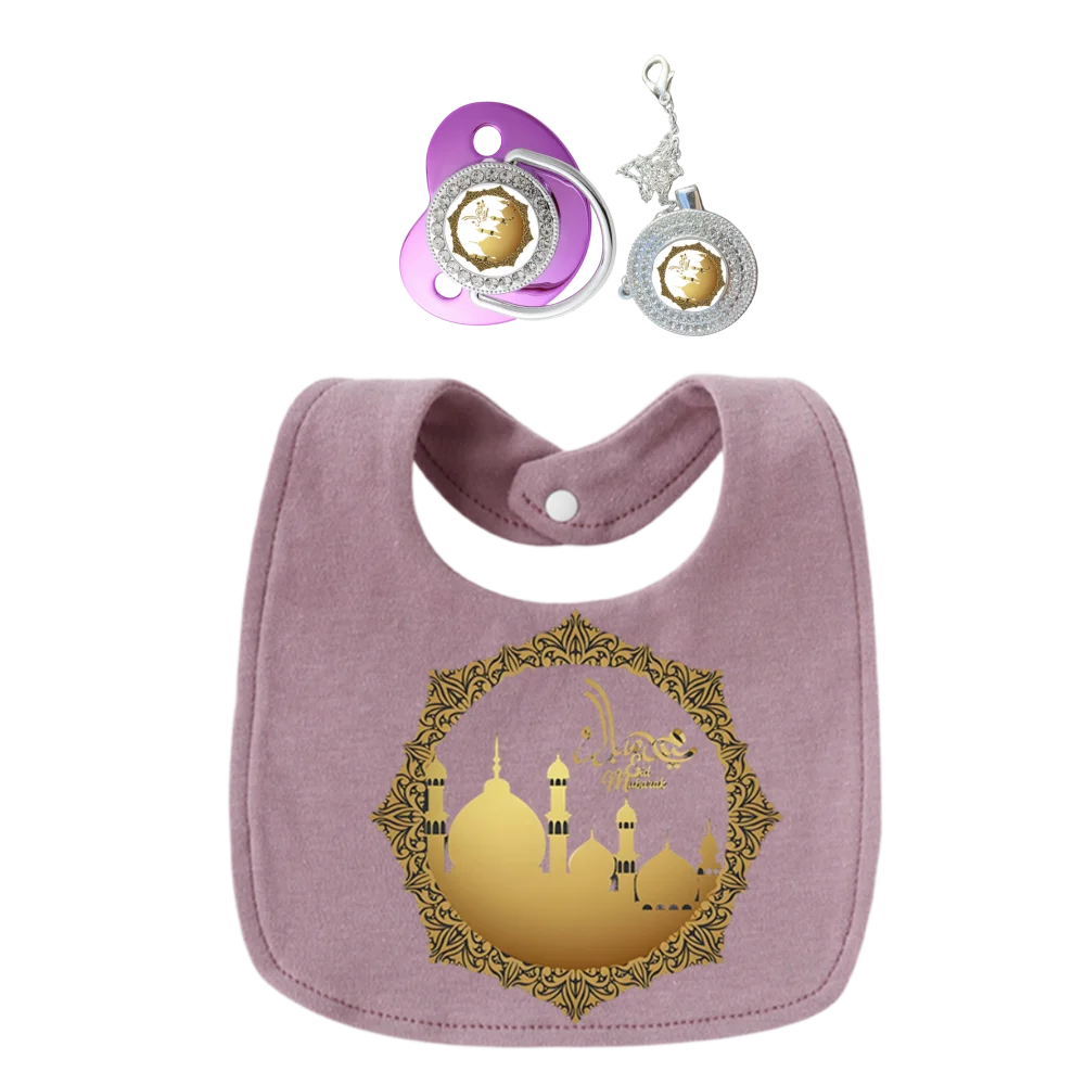Muslim Printed Pacifier for Newborn with Chain Clip Toddler Bib 3Pcs Set Islamic Arabic Pattern Soother Dummy Orthodontic Unisex