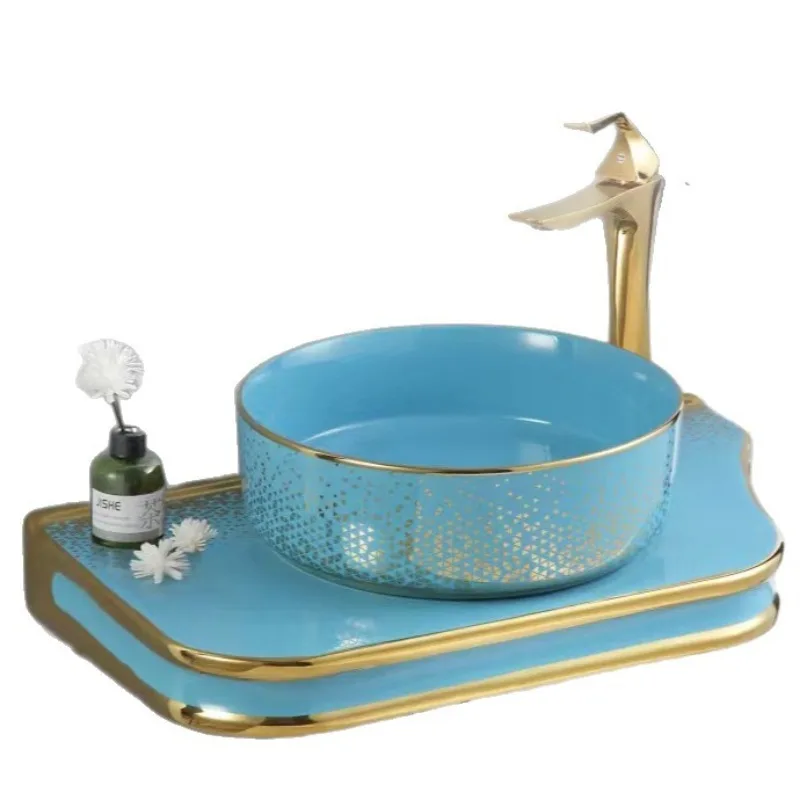 

Sky blue gold dot counter basin, wash basin, bathroom cabinet wash basin, ceramic plate bathroom set integrated LED mirror