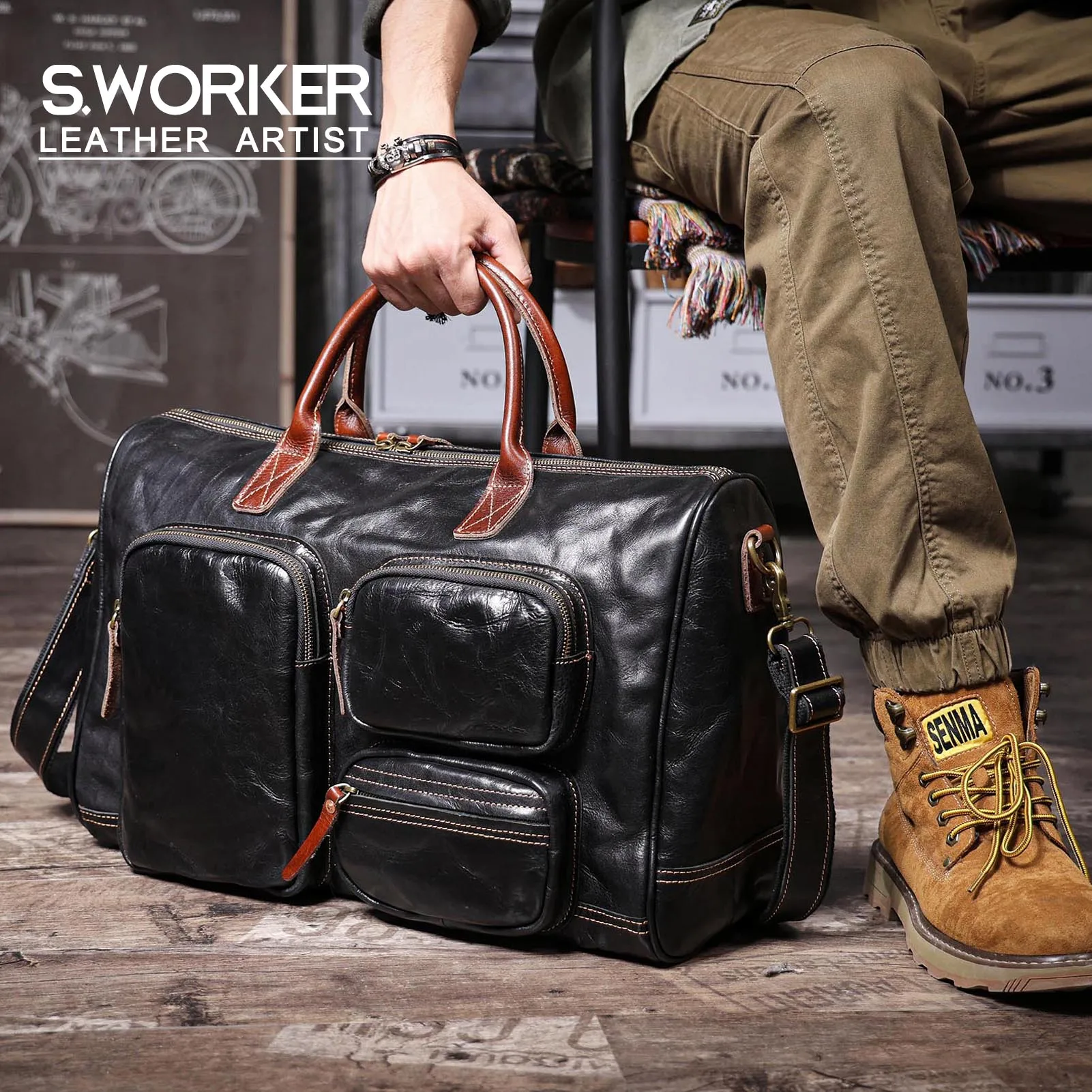 S.WORKER Vintage Echtleder-Reisetasche Italienische Rindsleder-Reisetasche Herren-Weekender-Tasche Sporttasche Handgepäck – Detail 2