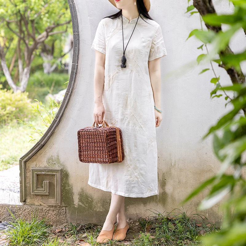 

Ele Vintage Jiangnan Women's Cotton Linen ort Sve Qipao Dr Embroidered Loose Fit Comfortable Summer Dr