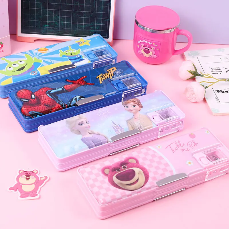 Miniso Disney Spider Man Three Eyed Boy Strawberry Bear Elsa Double Sided Storage Pen Box Student School Cartoon Pencil Case