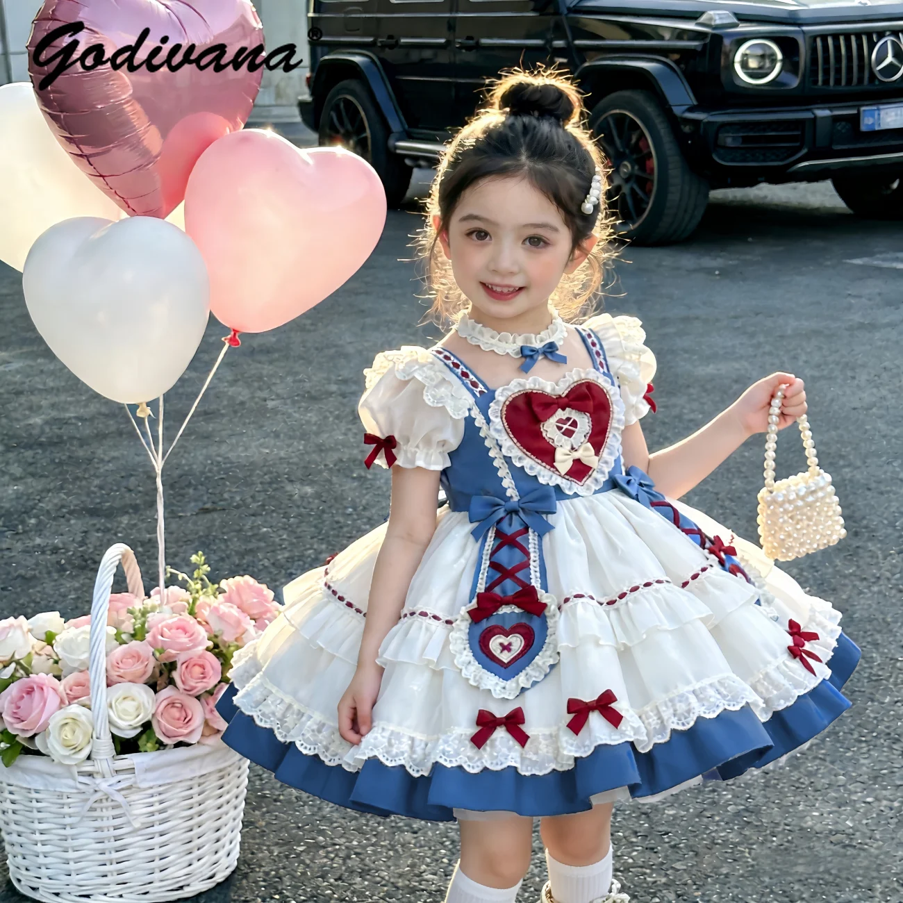 

Sweet Baby Girls 2026 Summer New Lolita Princess Dress Kids Fashion Square Collar Puff Sleeve Heart Bow Ruffle Trim Ball Gown