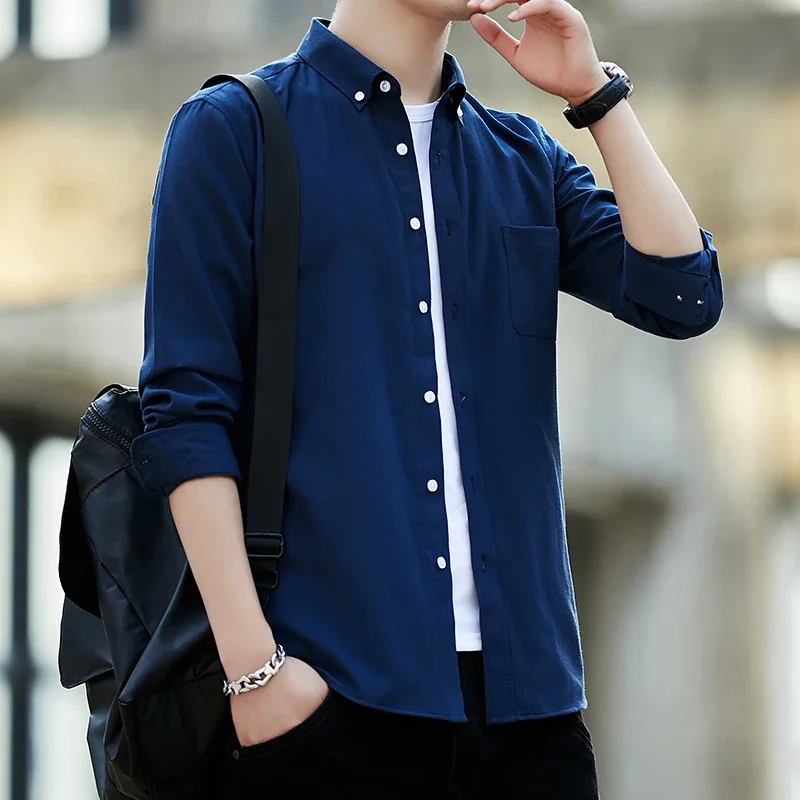 Autumn New Long Sleeve Solid Shirts for Men Casual Turn-down Collar Blouse Fashion Casual Business Slim Fit Shirts Button Tops