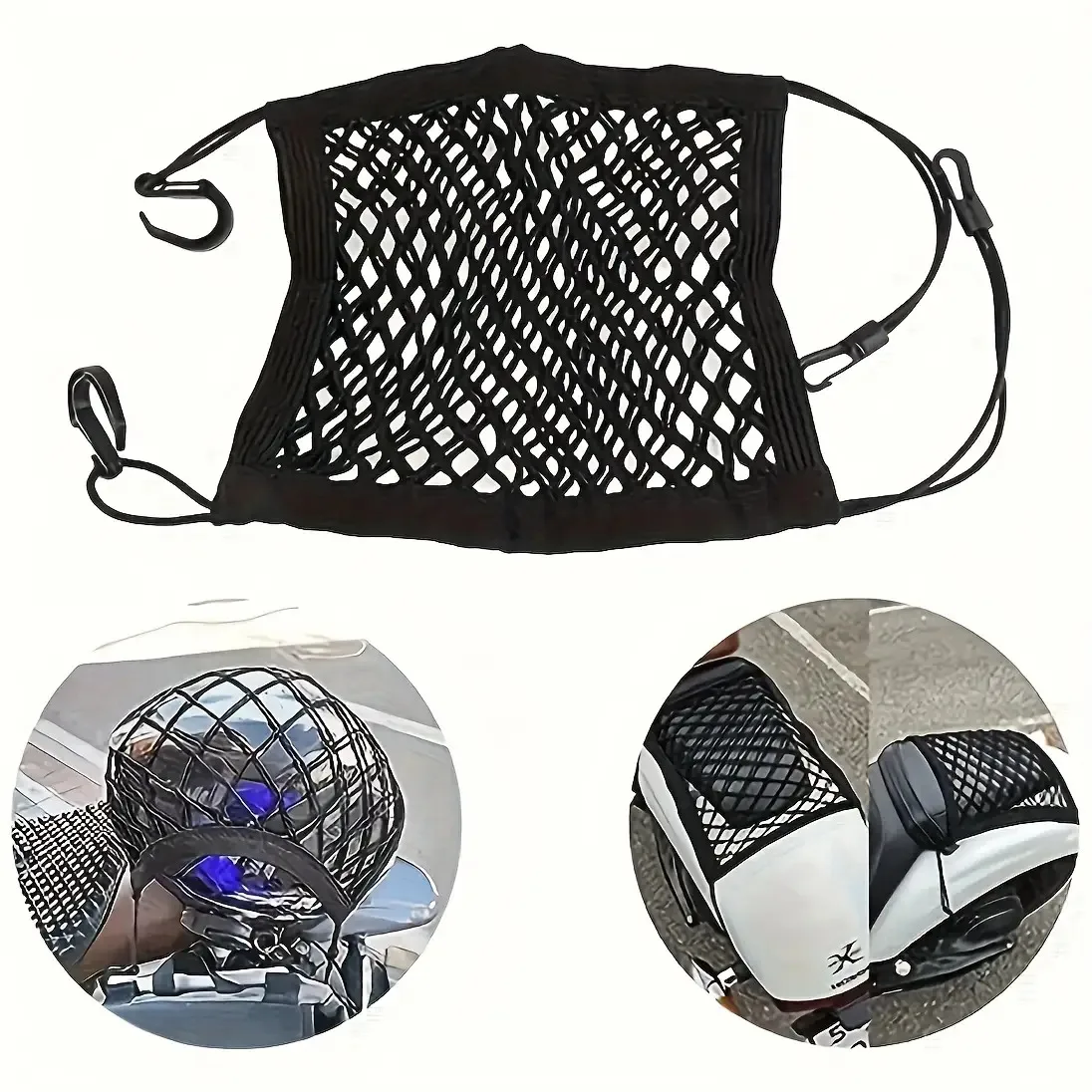 Motorcycle Helmet Storage Trunk Bag & Cargo Net – Multi-Purpose Luggage Mesh for Bike/Scooter, Includes Fuel Sorting Net