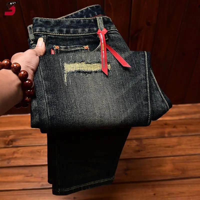 2025 New Men's Vintage Retro Jeans Men's Autumn Distressed Patched Slim Fit Stretch High-end Long Pants
