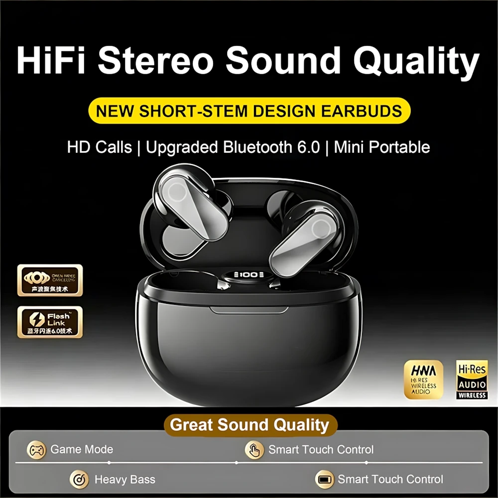 New Fashion Portable In-Ear Wireless Bluetooth V6.0 Headset Hd Call Digital Display Long Battery Life Short Handle Game Earplugs