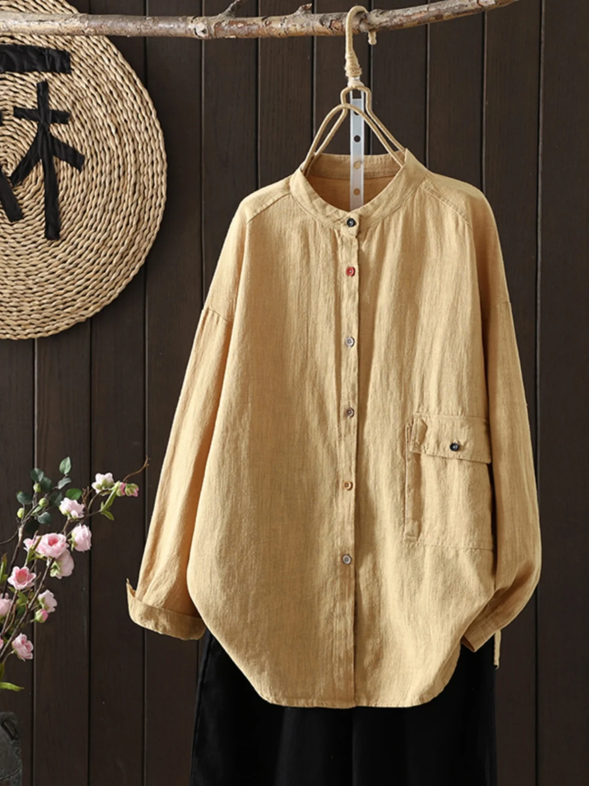 

Женский свободный длинный све в стиле ретро Wa Han Ma, однотонный, повседневный, весенний сезон, цельный воротник-стойка на пуговицах