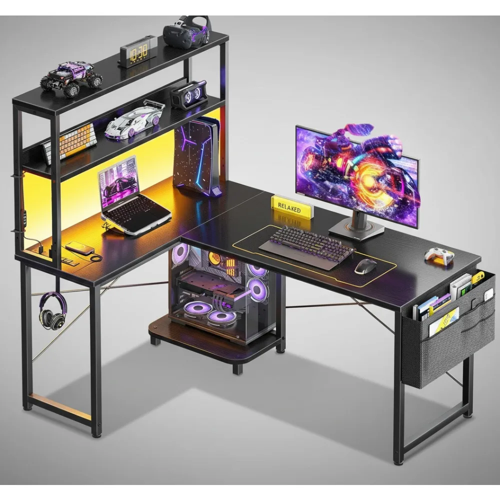 مكتب ألعاب على شكل حرف L مقاس 43 بوصة مع أضواء LED ومنافذ طاقة، وطاولة كمبيوتر قابلة للعكس مع مساحة تخزين للمكتب المنزلي