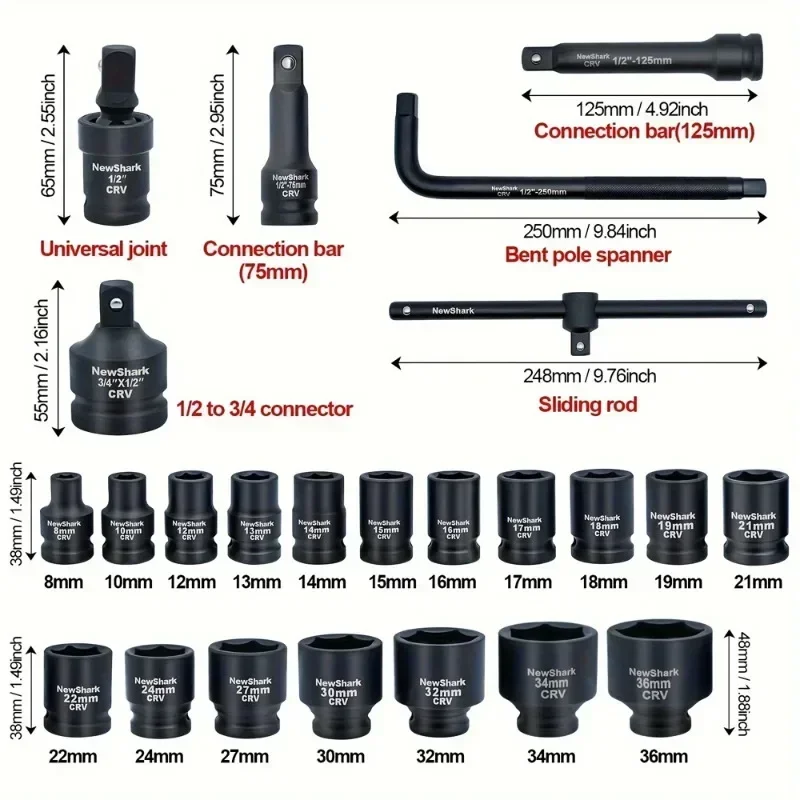 28-częściowy zestaw gniazd napędowych 1/2 cala Uniwersalny pręt przedłużający z głowicą T Pręt wyłącznika automatycznego Sprzęt pneumatyczny Narzędzia naprawcze
