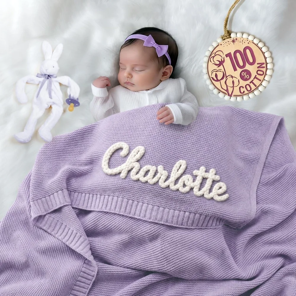 Personalized Name Knitted Blanket Rope Embroidery Soft Skin‑Friendly Newborn Swaddle Stroller Wrap Keepsake Baby Shower Gift