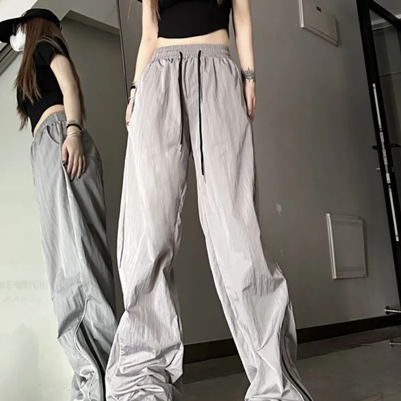 

Women's Grey Drawstring Sweatpants Fashion High Waist Straight Wide Leg Pants Simplicity Baggy Bind Feet Trouser Ladies Autumn