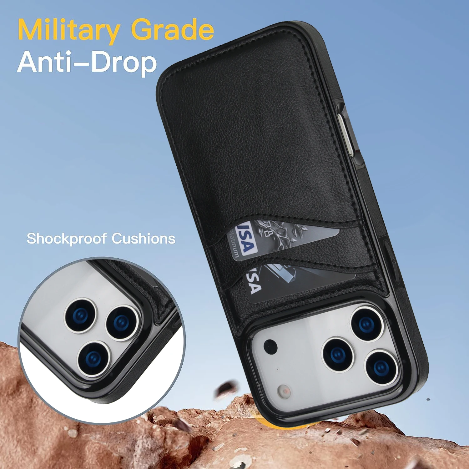 Skórzane etui na karty kredytowe, portfel, obudowa do iPhone 17 Pro Max 16e 16 15 18Pro Max, wstrząsoodporne, smukłe, matowe etui na telefon Funda — zdjęcie produktu 4