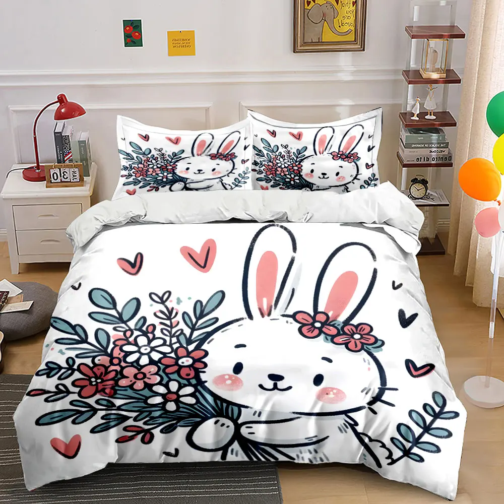 Cute bunny holding flowers surrounded by hearts Printed Duvet Cover Set 1 Duvet Cover+2 Pillowcase Multi Size Bedroom Decor