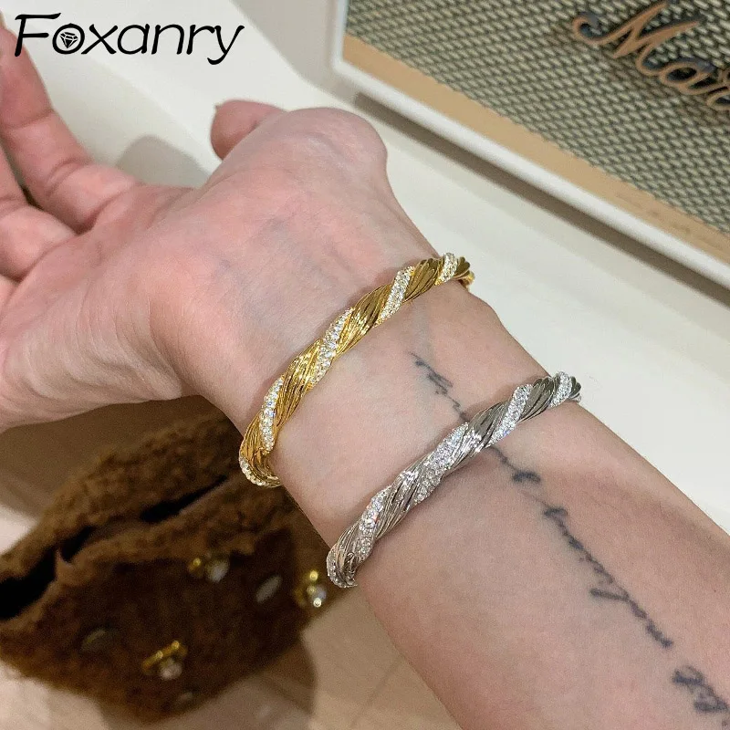 Foxanry Sparkling Zircon Twist Geometric Bracelet For Women Girl Personality Exquisite Fashion Elegant Wedding Bride Jewelry Gif