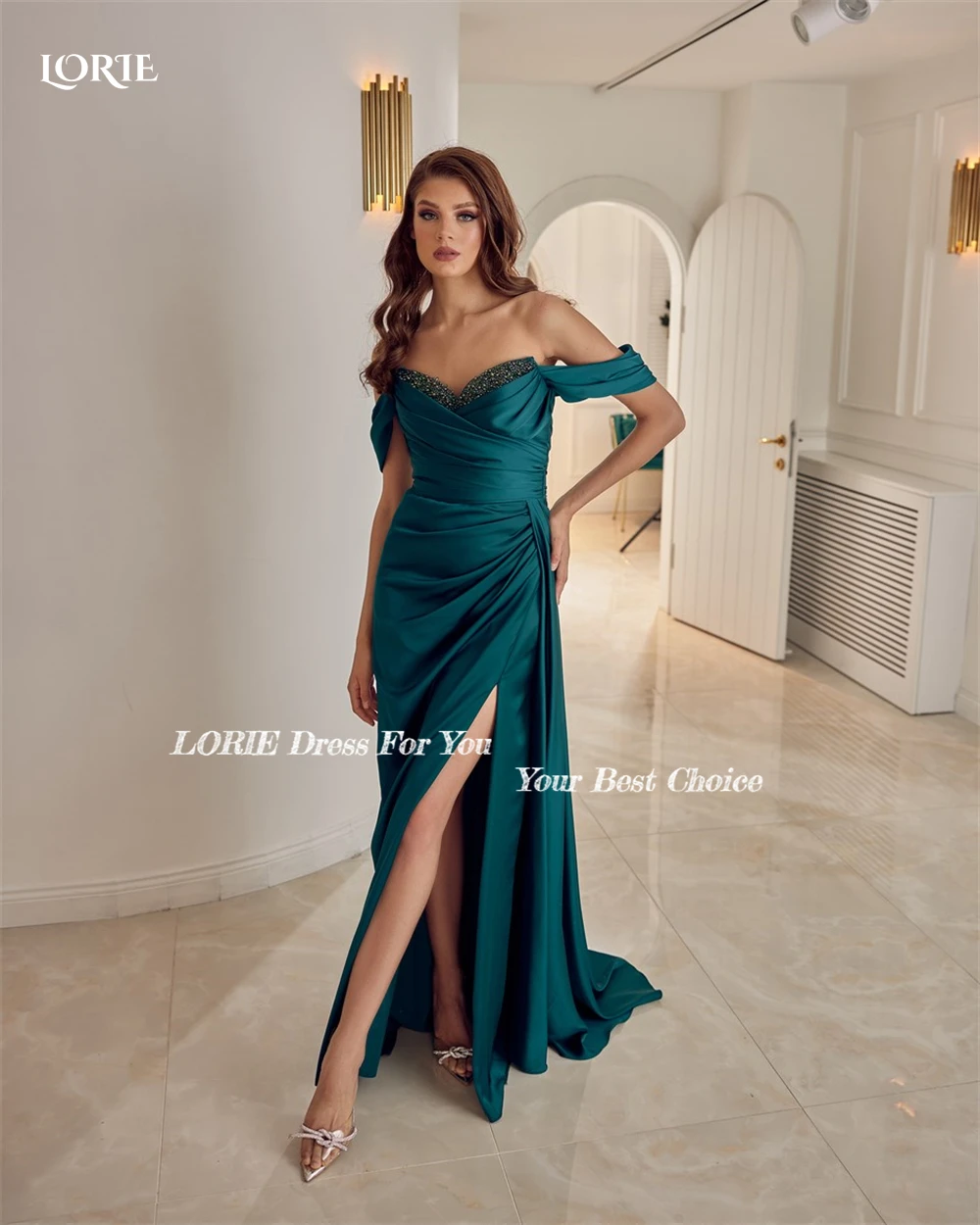 LORIE Elegant Evening Dresses Off Shoulder Side Slit Mermaid Beadings Dubai Shiny Satin Prom Dress Arabia Celebrity Party Gowns