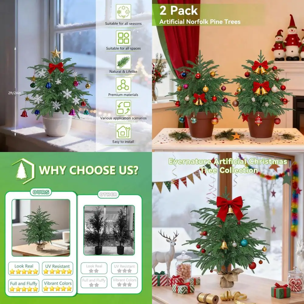 

2-Foot Tall Artificial Norfolk Pine Trees, Set of 2 Potted Faux Christmas Trees for Outdoor or Indoor Porch Decoration