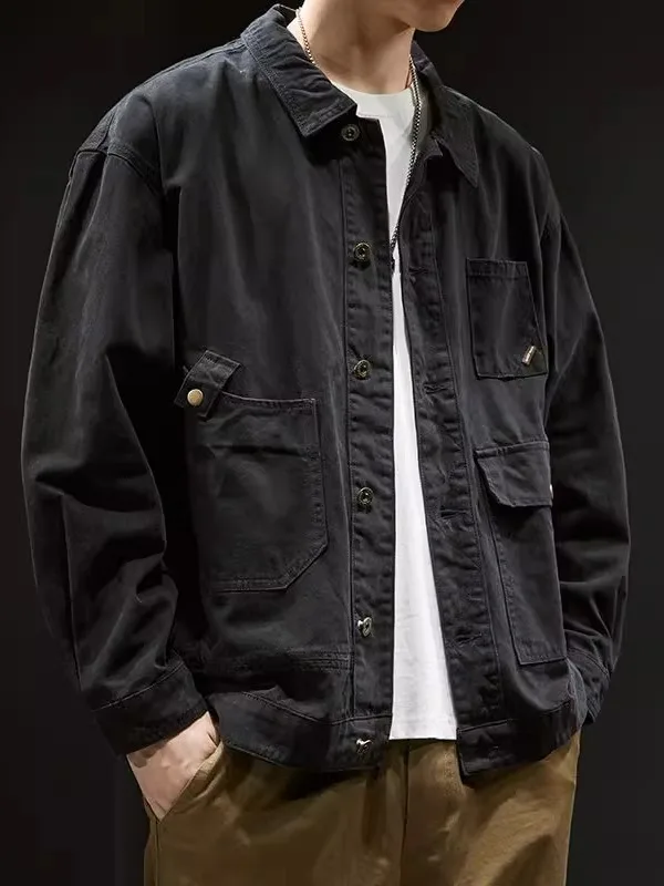 

Retro Casual Denim Jaet Men's Loose Versatile Japanese Sle Haome American Workwear Coat Spring Autumn Flip Collar Sing...