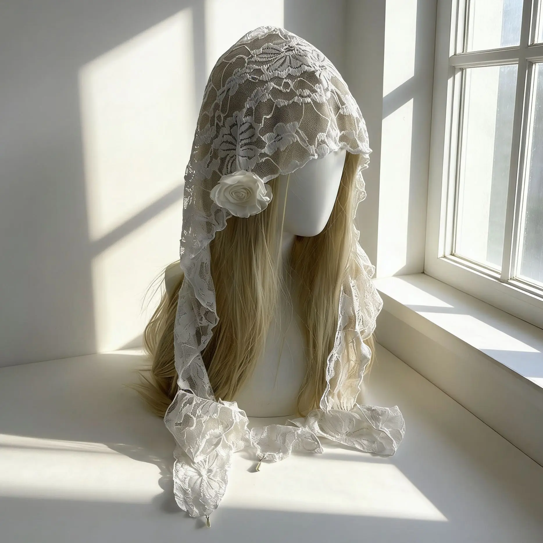 Spring New Girl's Hollow Lace Lolita Headcloth Photo Decoration Korean Ins Silk Scarf Versatile Skirt Kawaii Women's Accessories