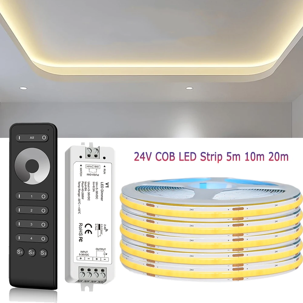 10m 20m COB LED Strip 24V Flexible Room Light 2.4G 1/4 Zone RF Dimming Remote Control Warm White Natural White 3000K 4000K 6000K