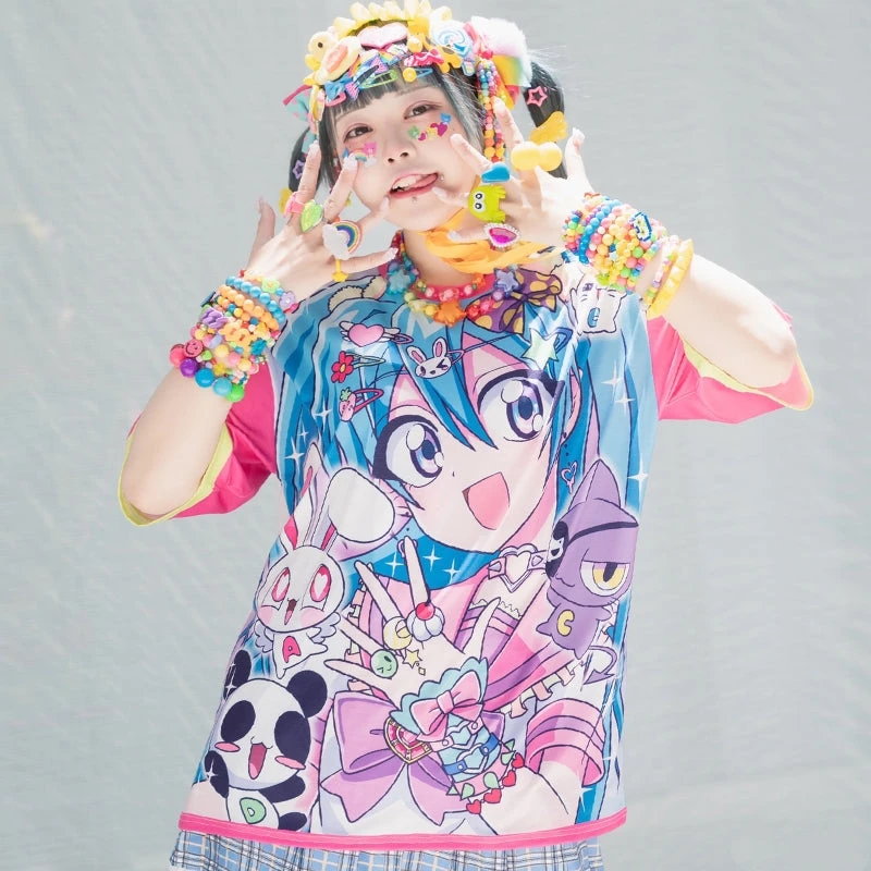 Neues Sommer Anime Mädchen T-Shirt mit Vollprint, Y2k Familien-Match, Locker Geschnitten, Große Größen, Täglicher Outfit, Kinder Harajuku-Stil Kurzarm