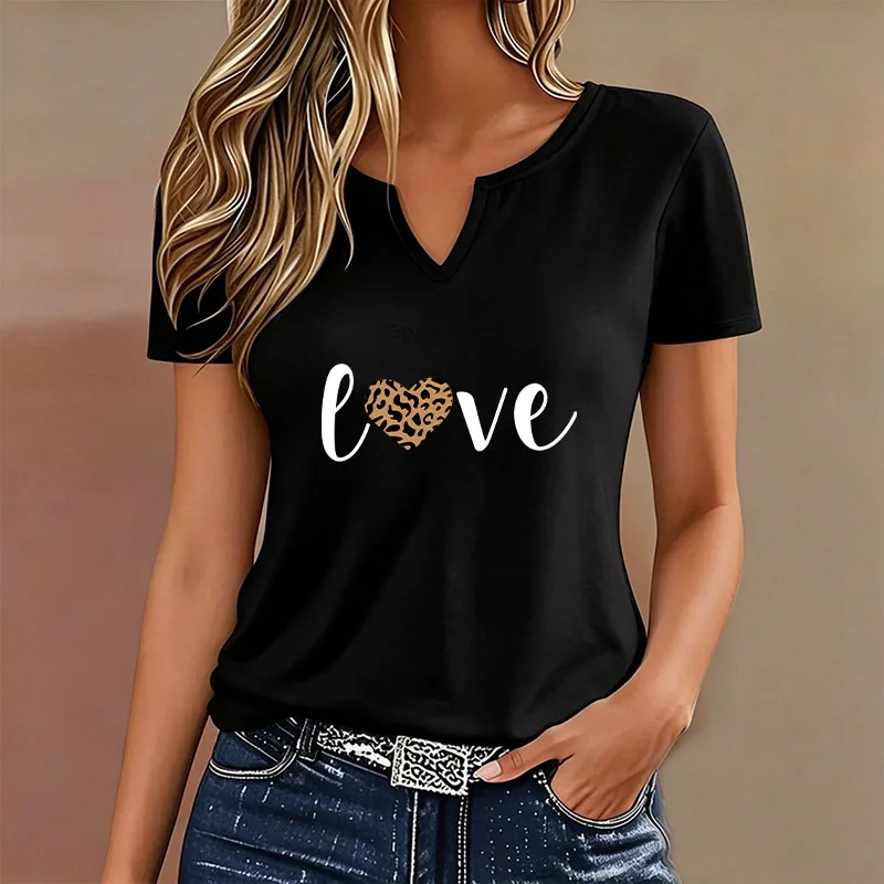 Fashion Letter Love Leopard Printed T-shirt V Neck Casual Y2k T Shirts Women Short Sleeve Tee Shirt V-Neck Summer Spring
