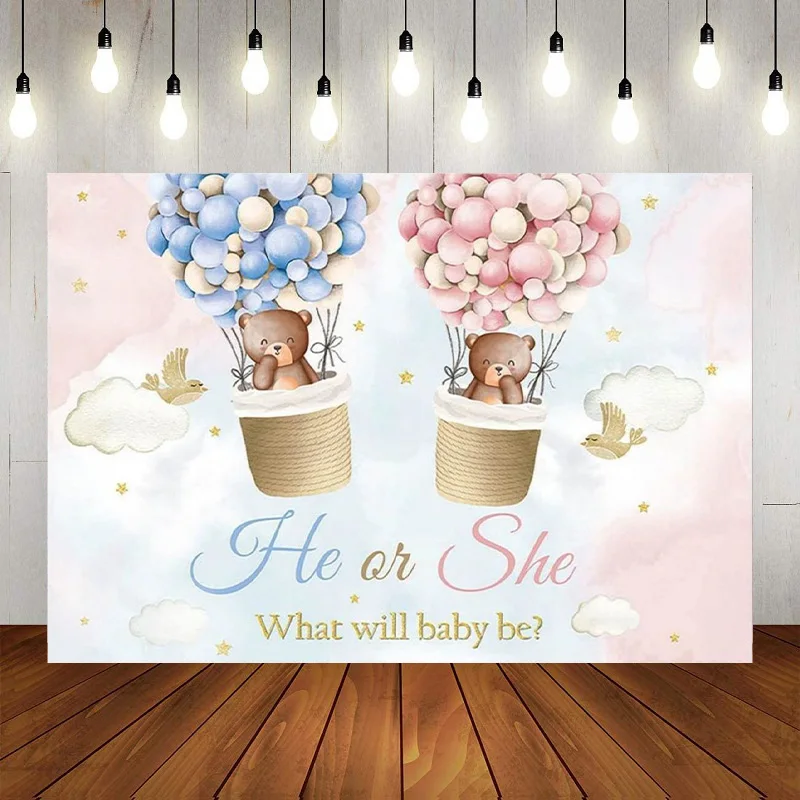 He Or She Gender Reveal Bear Backdrop Photography Background Pink Blue Cloud Party Decorations Banner Photo Booth Props