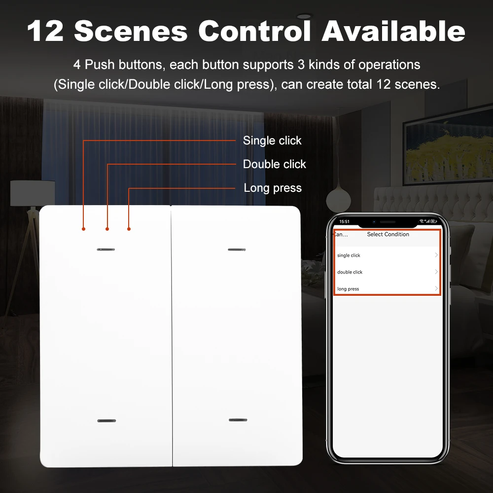 Wireless 12 Smart Scene Switch Push Button Tuya ZigBee Battery Powered Transmitter Smart Life App Automation 1/2/3/4Gang