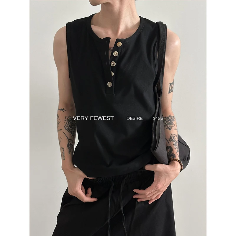 Summer Men Sleeveless Henley Collar T Shirt Slim Fit Korean Fashion All-match Sexy Tank Tops Black White Grey Street Photography