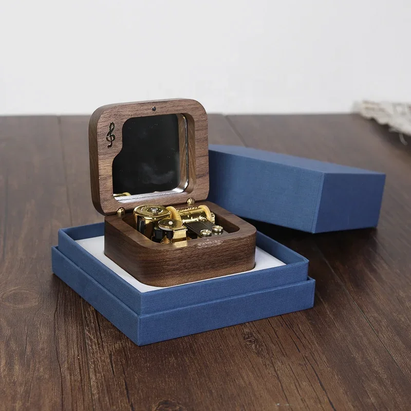 Natural Wooden Music Box Gold-Plated Sankyo Movement Wind Square Musical Mirror Christmas Birthday Valentine's Day Custom Logo
